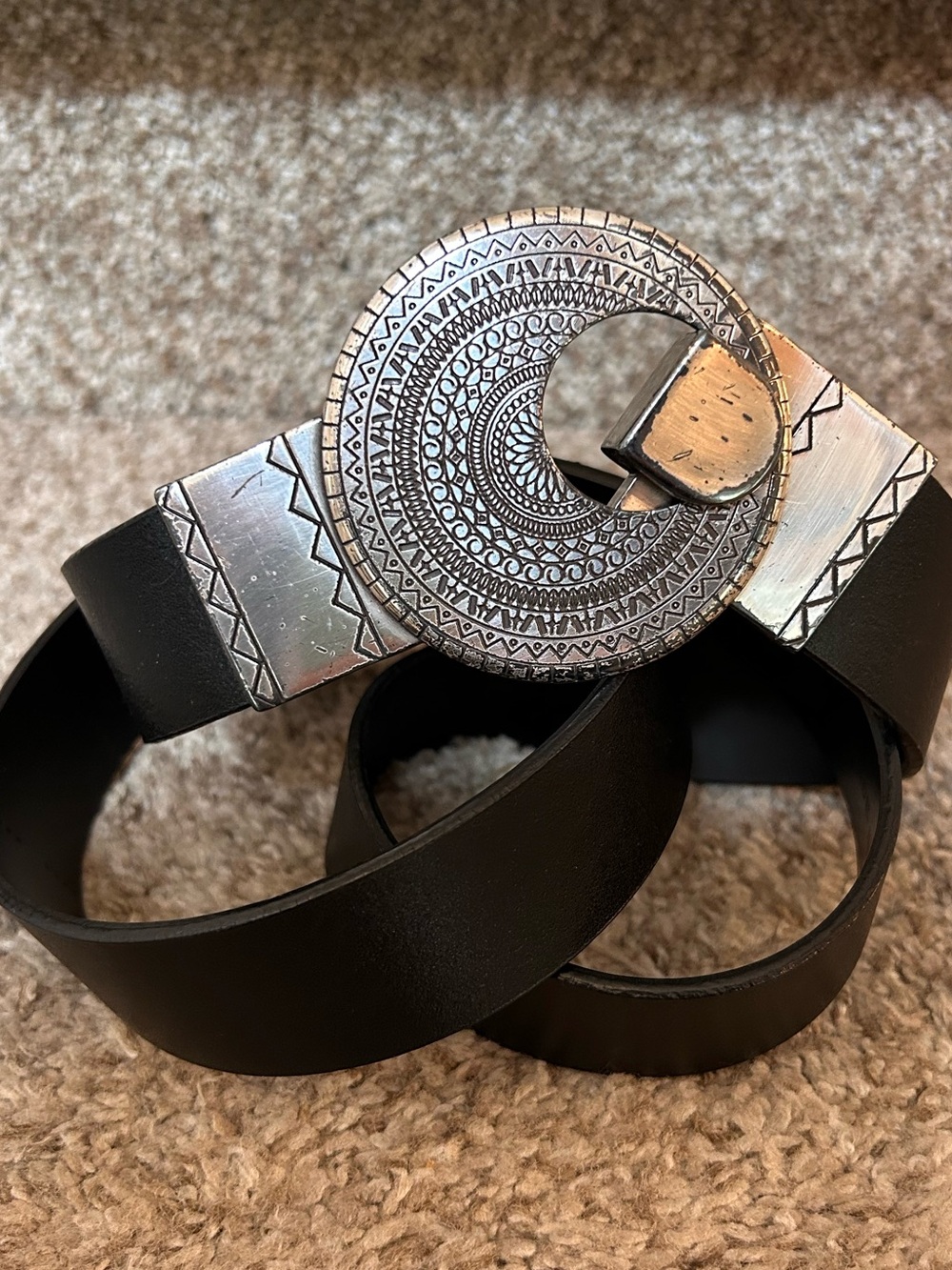 Chico’s Black Leather Belt with Silver Color Mandela Round Buckle. Maximalist.